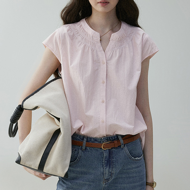 พายมัสตาร์ด VOOE สีชมพูรอบคอขนาดเล็ก Flying Sleeve Commuter เสื้อผู้หญิง 25 ฤดูร้อนหลวมจีบ Casual To