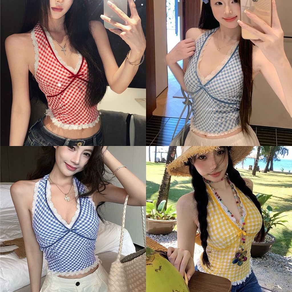 เสื้อสายเดี่ยวคล้องคอขอบแต่งลูกไม้ งานครอป ลายสก็อต สม็อคหลัง (มีฟองน้ำในตัว) เนื้อผ้าฝ้าย ใส่สบาย ระบายอากาศ