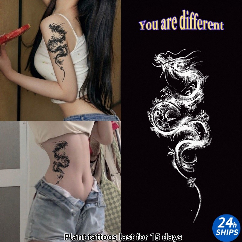 สติกเกอร์รอยสักลายมังกรสีดำ สำหรับเอว พิมพ์ลายชัด ติดทนนานถึง15วัน