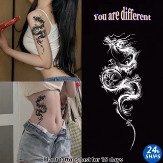 สติกเกอร์รอยสักลายมังกรสีดำ สำหรับเอว พิมพ์ลายชัด ติดทนนานถึง15วัน