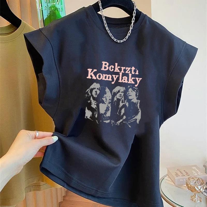 เสื้อเชิ้ตทรงหลวมลำลองแขนกุดสไตล์เกาหลี เสื้อผ้าแฟชั่นไซส์ใหญ่สำหรับสาวอวบ เสื้อยืดผู้หญิงสวยๆ สุดฮิต ลายสกรีนพิมพ์