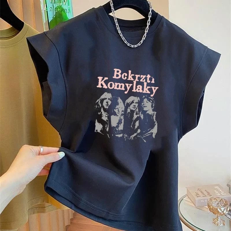 เสื้อเชิ้ตทรงหลวมลำลองแขนกุดสไตล์เกาหลี เสื้อผ้าแฟชั่นไซส์ใหญ่สำหรับสาวอวบ เสื้อยืดผู้หญิงสวยๆ สุดฮิต ลายสกรีนพิมพ์