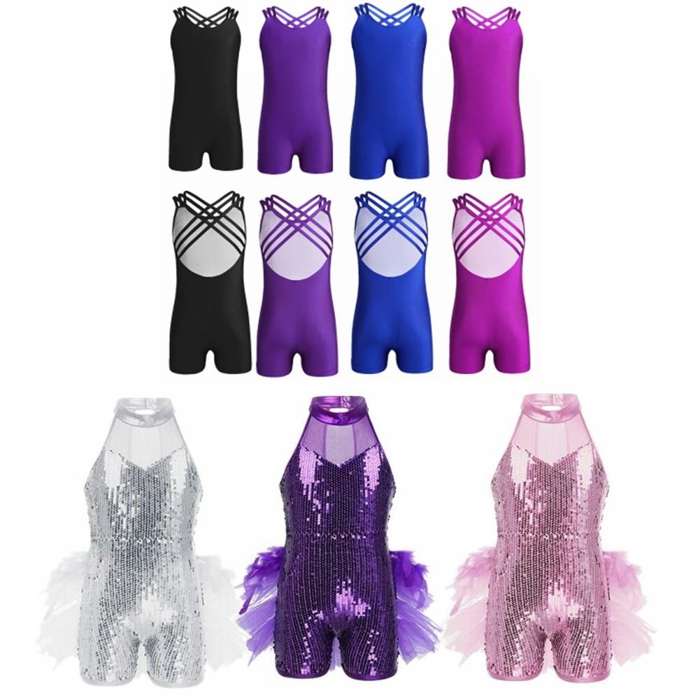 Yeahdor เด็กผู้หญิงแขนกุดคอจําลองเลื่อมแจ๊สละตินเต้นรําบัลเล่ต์เครื่องแต่งกาย Leotard Jumpsuit