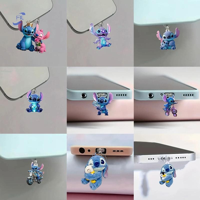 FIL การ์ตูนน่ารัก Stitch โทรศัพท์มือถือปลั๊กฝุ่นอุปกรณ์ตกแต่งแขวนจี้สําหรับ IPhone Type-C ชาร์จพอร์ตปลั๊กฝุ่น OP