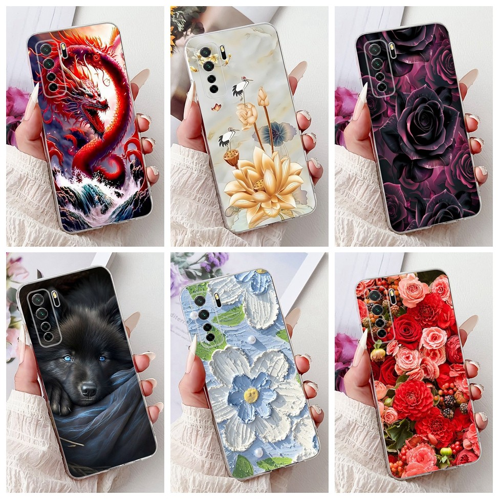 Huawei Nova 7 SE Case CDY-NX9B Clear Aesthetic แมวน่ารักแฟชั่นดอกไม้ทาสีฝาหลัง Huawei Nova 7SE เคสโทรศัพท์