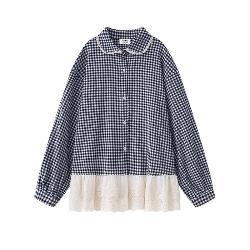 C&T#เสื้อเชิ้ตคอปกลูกไม้ลายสก็อต ระบายหลวมๆ ให้ความรู้สึกย้อนยุค สวมใส่สบายและน่ารัก เหมาะสำหรับผู้ห