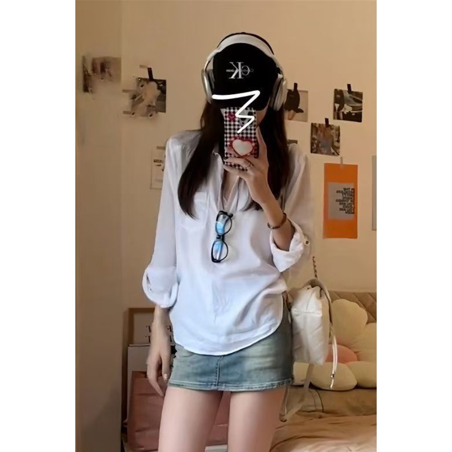Bh เสื้อเบลาส์ แขนยาว คอกลม ทรงหลวม สไตล์วินเทจ สําหรับผู้หญิง