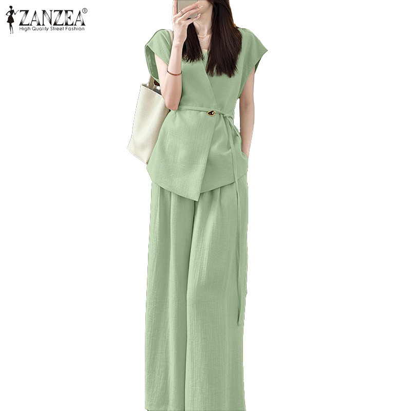ZANZEA ชุดสองชิ้นสไตล์เกาหลี Elegant & Chic ดีไซน์คอ V, Raglan Sleeve, Lace-up Waist และขาขวาง
