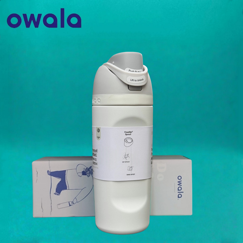 Owala FreeSip 16oz พร้อมที่จับ – มือเดียว กักเก็บความเย็น 12H เหมาะสําหรับเดินป่า-Marshmallow