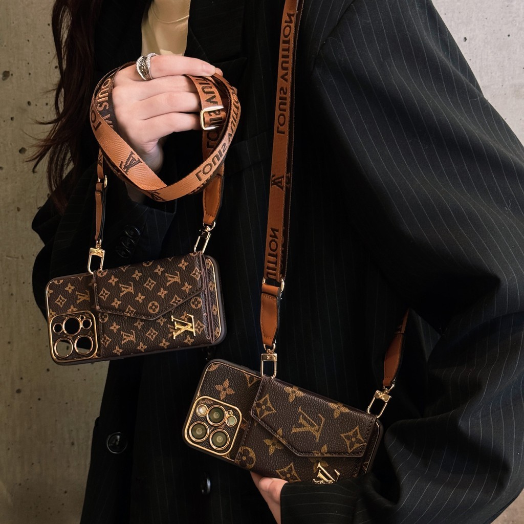 LV สําหรับiPhone 16 Pro MAX 14 12 13 15 Pro MaxกรณีIphone/Crossbodyดอกไม้เก่าLVออร์แกนการ์ดกระเป๋า/1