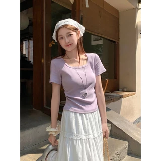ร้อมส่ง เสื้อยืดแขนสั้นผ้ามน้ำ แข็งผู้หญิงเสื้อยืดสีทึบสไตล์เกาหลีทรงเข้ารูปและใช้งได้หลากหลาย UMISO