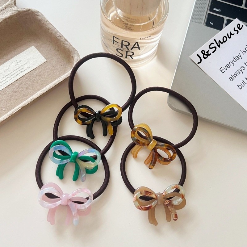 KF1106 อุปกรณ์เสริมผมสไตล์เกาหลี ยางรัดผมลายโบว์สองชั้นจากอะซีเทต