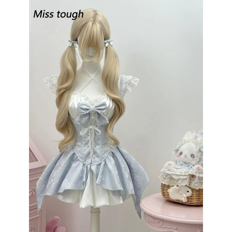 Mn Summer Women Two Piece Set Corset Dress Lace Up Sleeveless Cute Girl Outfit Blue White Fairy Styl