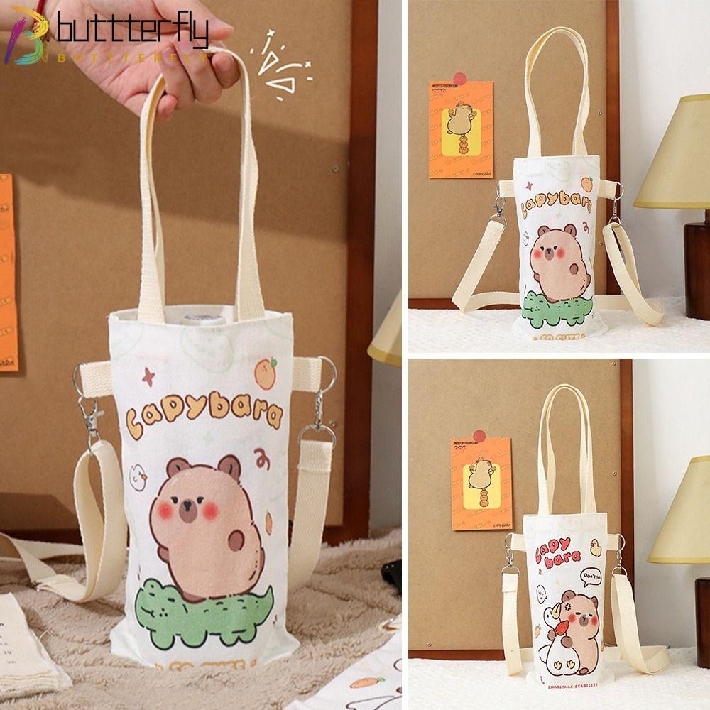 BUTTTERFLY ปลอกถ้วยแก้วความร้อน ผ้าใบพร้อมสายคล้อง Capybara กระเป๋าใส่ขวดน้ํา, ถ้วยฉนวนฝาครอบป้องกันกระเป๋าโทรศัพท์มือถือ