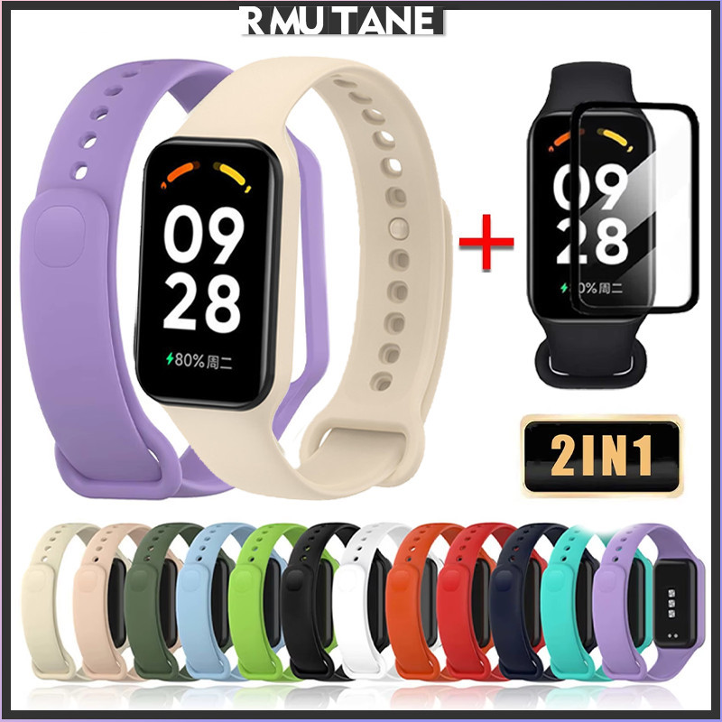 ฟิล์มแก้วนิรภัย + สายรัดกรณี for Xiaomi Band 8 Active สายรัดข้อมือซิลิโคนยางอ่อนฝากันชน for Smartwatch Redmi Band 2