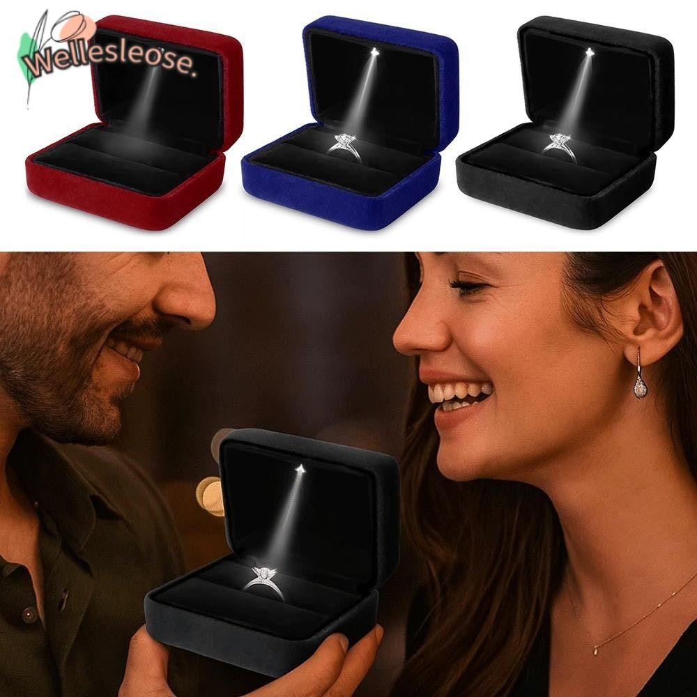WELLE Jewelry Gift Display , Square Velvet LED Light Ring Box, Delicate Solid Color with LED Light W
