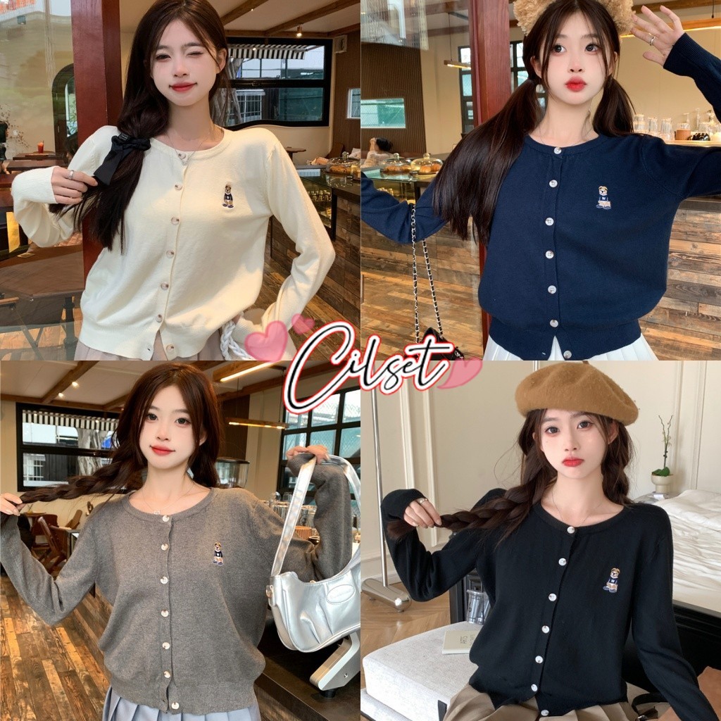 Cilset พร้อมส่ง  ผู้หญิงเเสื้อคลุมไหมพรมแขนยาว คอกลม ปักลายหมี ใส่สบาย เสื้อกันหนาวแจ็ค /Y-2812 – โปรปัง
