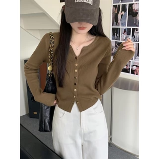 mimi&didi#เสื้อคาร์ดิแกนถักคอวีสำหรับผู้หญิง เสื้อชั้นในผ้าริบแขนยาว แจ็คเก็ตกระดุมแถวเดียว อารมณ์อ่อนโยน#88007