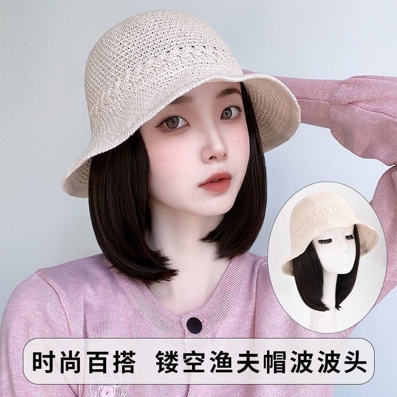 ฤดูใบไม้ผลิฤดูร้อนหมวกวิกผม ทั้งหมด-ใน-หนึ่ง หญิงกลวงระบายอากาศถังหมวกบ๊อบหัววิกผมหมวกกระดูกไหปลาร้าวิกผมหมวกสวมโดยตรงหมวกวิกผมคงกัน