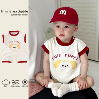 ชุดบอดี้สูทแขนกุดสำหรับเด็กวัยหัดคลาน ออกแบบด้วยลายการ์ตูนน่ารักของลูกสุนัข สวมใส่ง่ายและระบายอากาศได้ดี