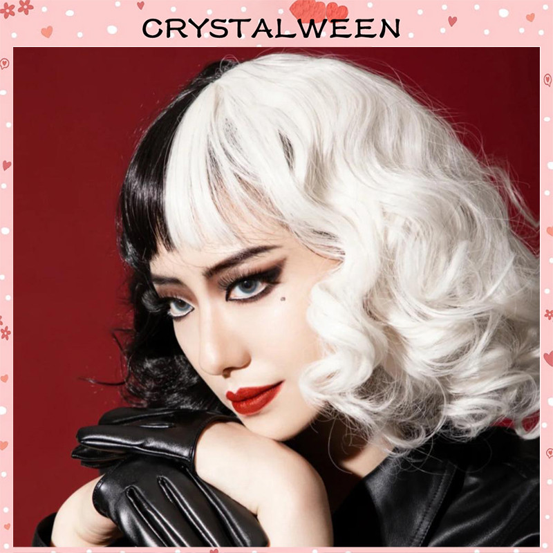 ผู้หญิงวิกผม วิกผมสั้นหยิก สีดํา และสีขาว สําหรับแต่งคอสเพลย์ ปาร์ตี้ฮาโลวีน คริสต์มาส แฮร์พีชผมลอน