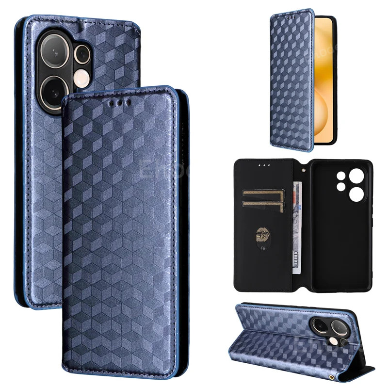 VIVO V60 Lite 4G 5G 2025 เคสโทรศัพท์พลิกหรูหราปลอกหนังสําหรับ VIVOV60 V 60 V2511 V60Lite TPU Edge กันกระแทกกันชนตารางรูปแบบฝาครอบ