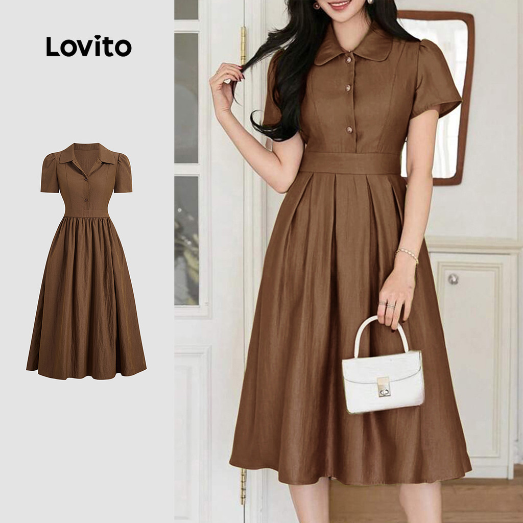 (New) Lovito ชุดเดรสแบบสบาย ๆ ชายจีบมัดย้อมด้วยปุ่ม สีบ brown สำหรับผู้หญิงฤดูใบไม้ผลิ/ฤดูร้อน L243AD1875