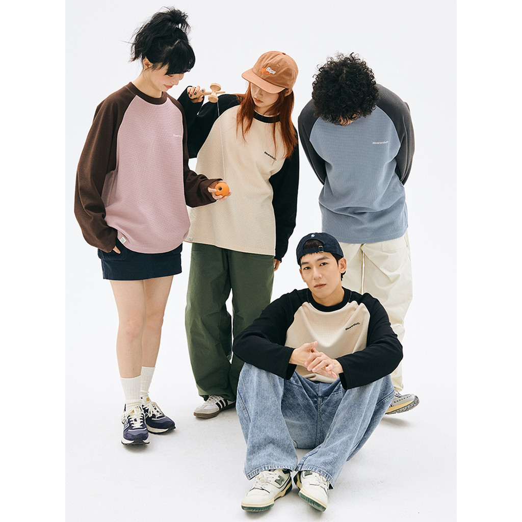 [แกะหนุ่ม] Waffle Raglan เสื้อยืดแขนยาวคู่สวมใส่ All-Match American Retro National Street สวมใส่ผู้ช