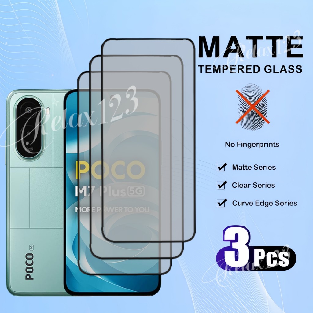 สําหรับ Poco M7 Plus 5G 2025 3PCS Matte Frosted Glass สําหรับ Xiaomi Poco M7 4G Poco M7Plus Poco M7Pro 5G 4G 9H กระจกนิรภัยป้องกันหน้าจอป้องกันลายนิ้วมือ