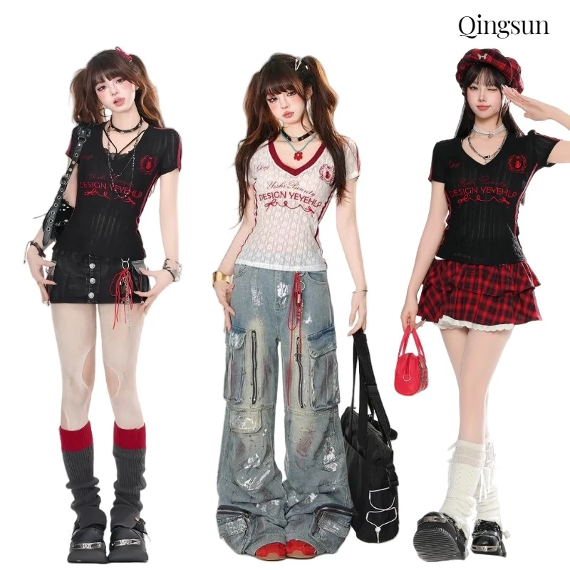 วินเทจ เซ็กซี่ เสื้อคอวี แขนสั้น ใส่สบายมาก ดีเทลลายเท่ซีทรูบางเบาลายลูกไม้ "FY4776"🌻Qingsun