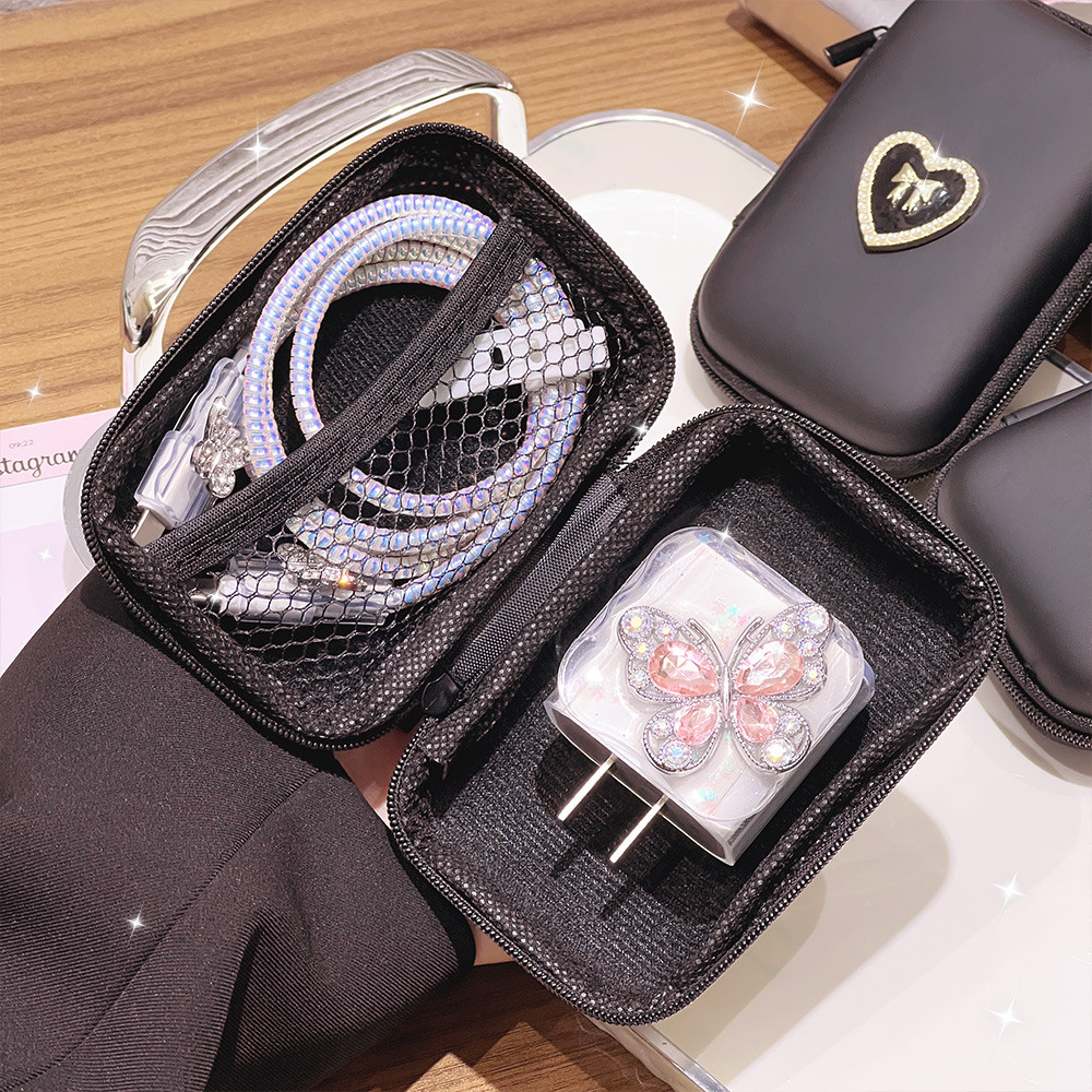 สายข้อมูลหูฟังลายหัวใจชุบไฟฟ้า+กระเป๋าเก็บของ EVA พร้อมฝาปิดที่ชาร์จสำหรับ เคสป้องกันสายชาร์จ for iP