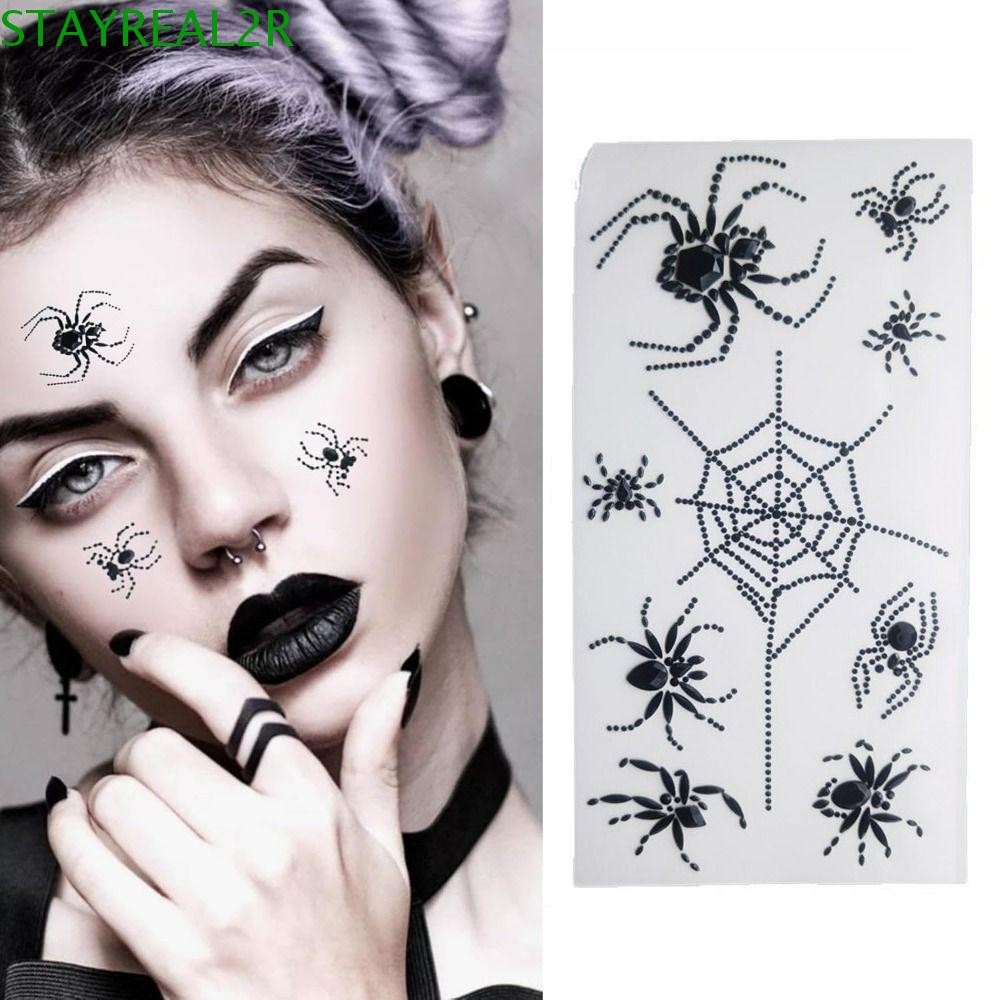 STAYREAL2R ฮาโลวีนรอยสักชั่วคราว, 3D Black Spider Face Gems Tattoos, แฟชั่นกันน้ํา Spider-themed เงา