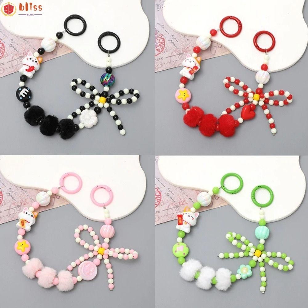 Blliss 1 ชิ้นกระเป๋าจี้,หูฟังกล้องตกแต่งโบว์ Lucky Cat โซ่โทรศัพท์มือถือ,ตุ๊กตาลูกปัด Anti-Lost พวงกุญแจสายรัดข้อมือโทรศัพท์เชือกเส้นเล็กสําหรับผู้หญิง/เลดี้/สาว