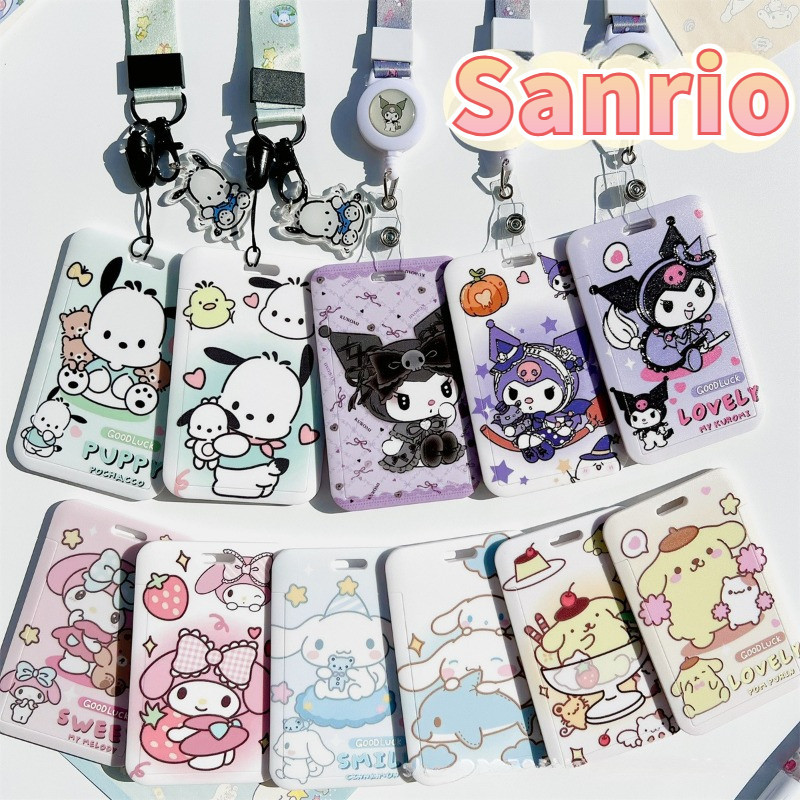 Hello Kitty Kuromi Melody การ์ตูน PVC ผู้ถือบัตร Sanrio อะนิเมะเชือกเส้นเล็ก ID เคสป้องกันแขวนคอ Anti-lost ฝาครอบ