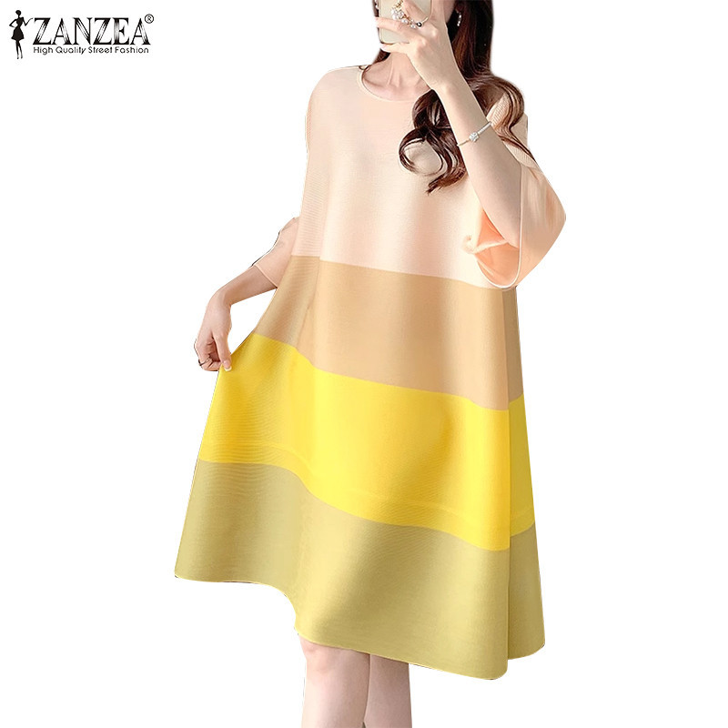 ZANZEA ซานเซีย ชุดเดรสลายทางคอกลมแขนบานลําลองเกาหลีสําหรับผู้หญิง