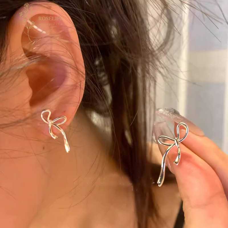 Roselife เกาหลี Minimalism S925 เงินโบว์ต่างหูผู้หญิงทุกวันสวมใส่ Pick ฟรีหูเครื่องประดับอุปกรณ์เสริม 1 คู่