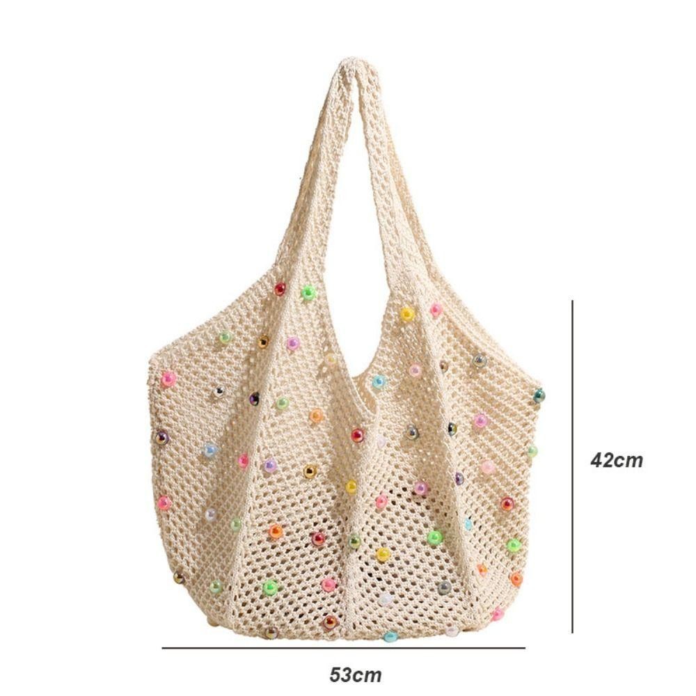 Wompan กระเป๋าโท้ตชายหาด, กระเป๋าถักโครเชต์ Boho ความจุขนาดใหญ่, Handmade Hollow พร้อมลูกปัดสี Tote Bag