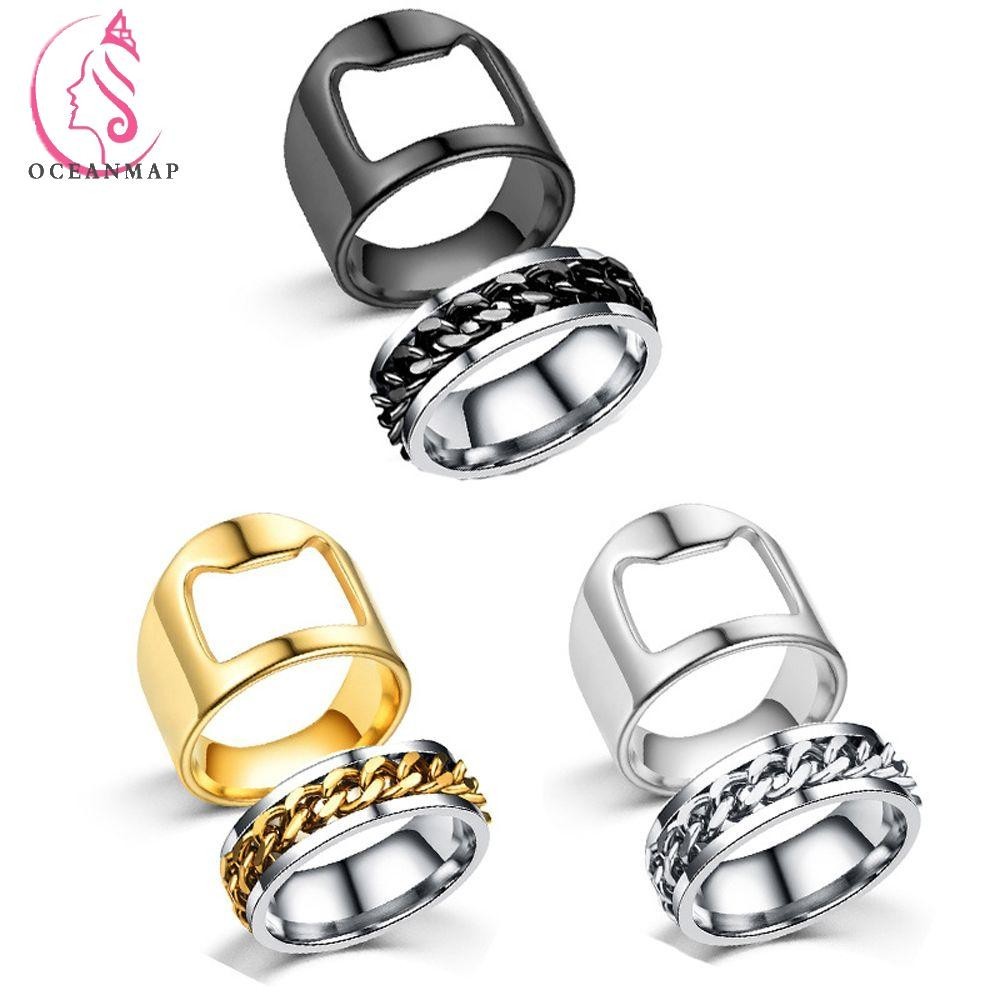 Oceanmap Man แหวน 2 ชิ้น/เซ็ตหรูหราอารมณ์เรขาคณิต Punk แหวนสแตนเลส Hollow Out ที่เปิดขวดเบียร์