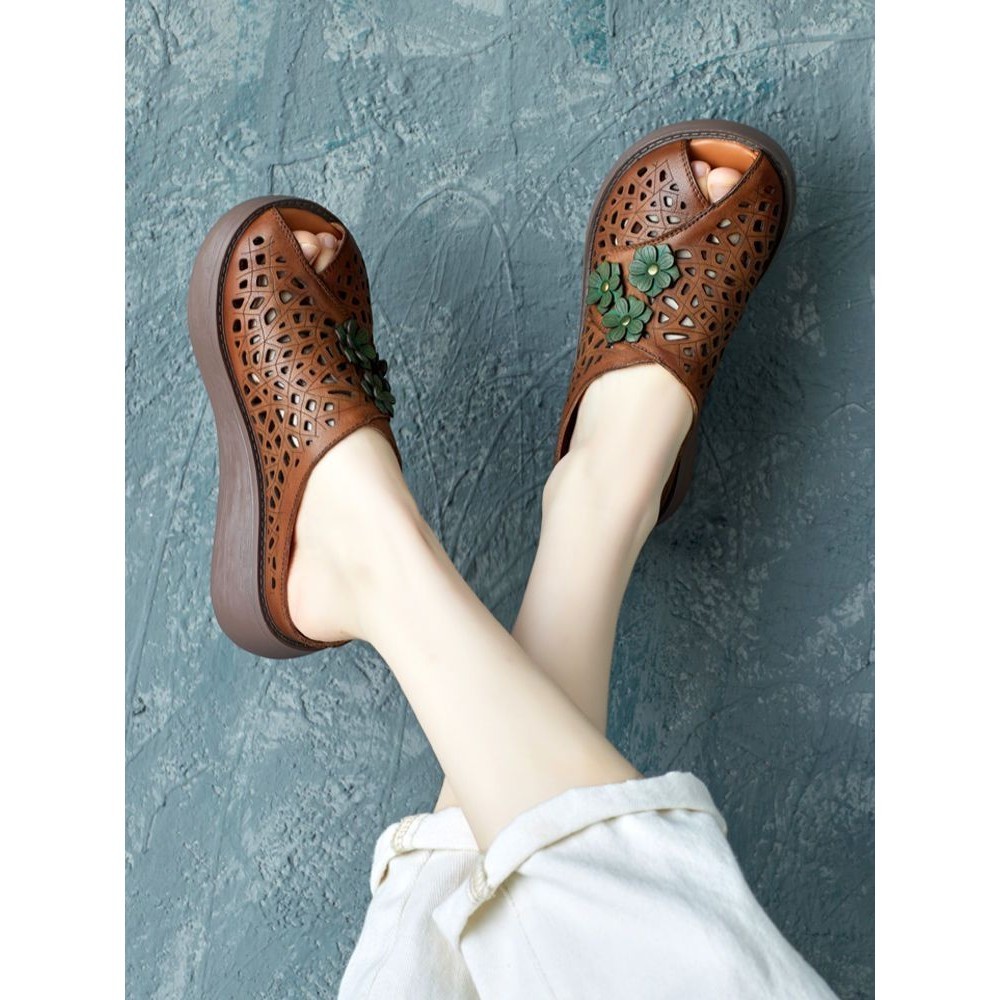 หนา Soled รองเท้าแตะ Ultra-Light-Soled 2024 หนังนุ่มสไตล์ใหม่ Retro ชาติพันธุ์ Hollow Lazy รองเท้า - รูปที่ 5