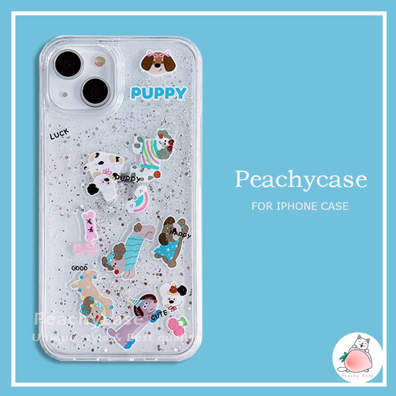 Glitter น่ารักลูกสุนัขสุนัข Slider Quicksand เคสโทรศัพท์สําหรับ iPhone 15 14 Plus 13 12 11 Pro Max 15 Plus อะคริลิค Shock Proof โปร่งใสปกหลังปลอก