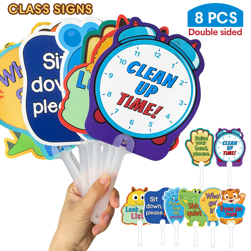 8Pcs Cartoon Classroom Rules Sign Hand Board Teacher Handheld Fan Help for Kids Learning Handheld Ma