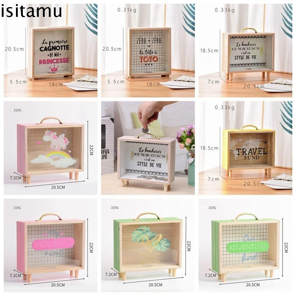 Isitaft ถังออมทรัพย์ Creative ทนทานเดสก์ท็อปตกแต่งการถ่ายภาพ Prop ไม้ความจุขนาดใหญ่กล่องเงิน