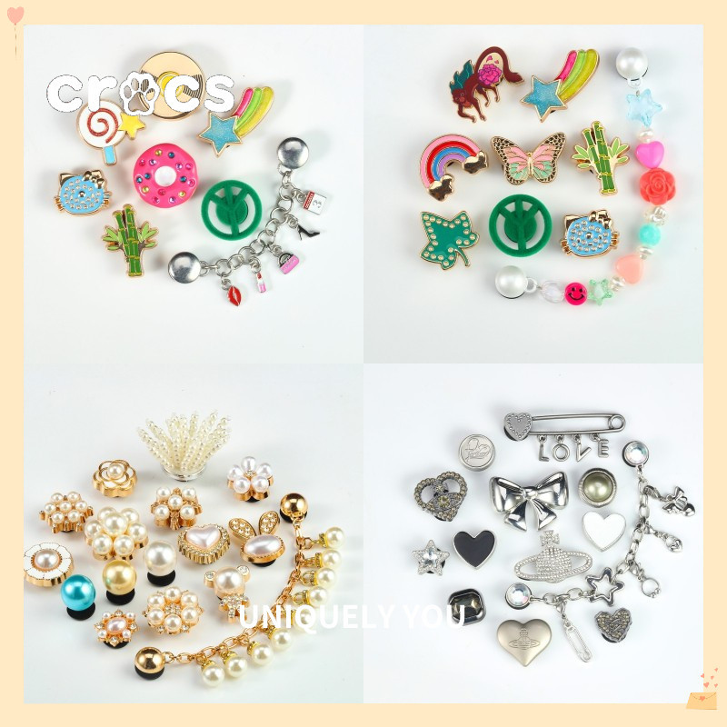 Crocs Jibbitz Black heart หัวเข็มขัดรองเท้าโลหะ Pearl hole อุปกรณ์เสริมรองเท้า charm Crocs ดอกไม้รองเท้าผีเสื้อโลหะ