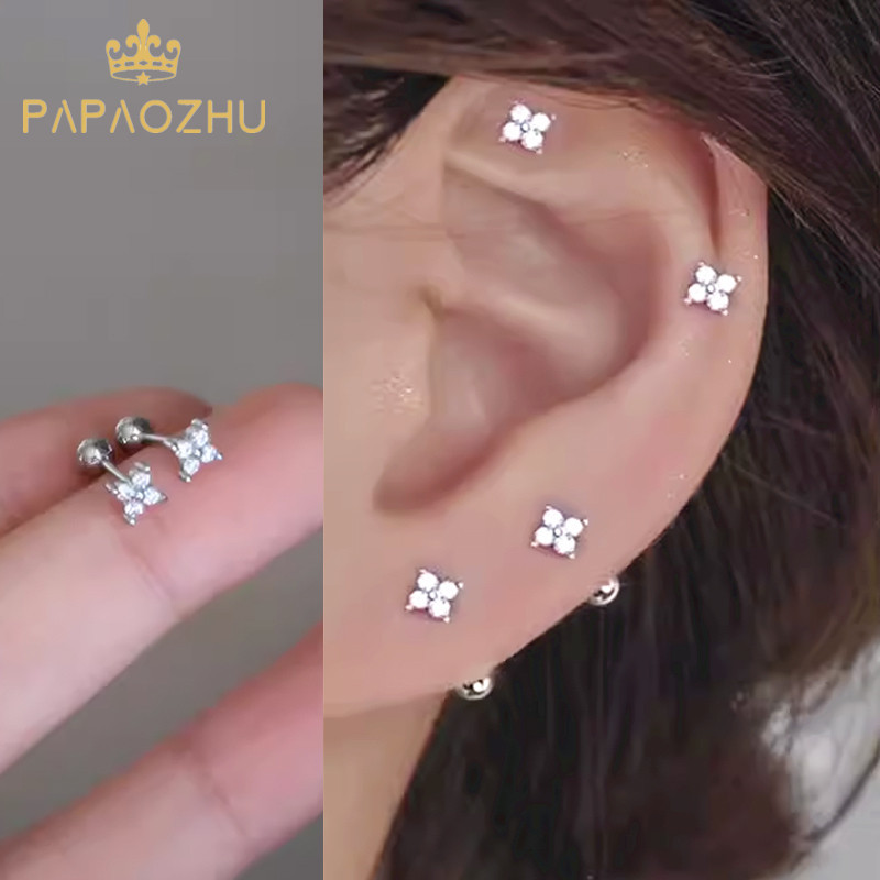 Papaozhu Delicated S925 เงินคริสตัล Clover สกรูต่างหูผู้หญิงหญิง Hypoallergenic หู Studs เครื่องประดับอุปกรณ์เสริม
