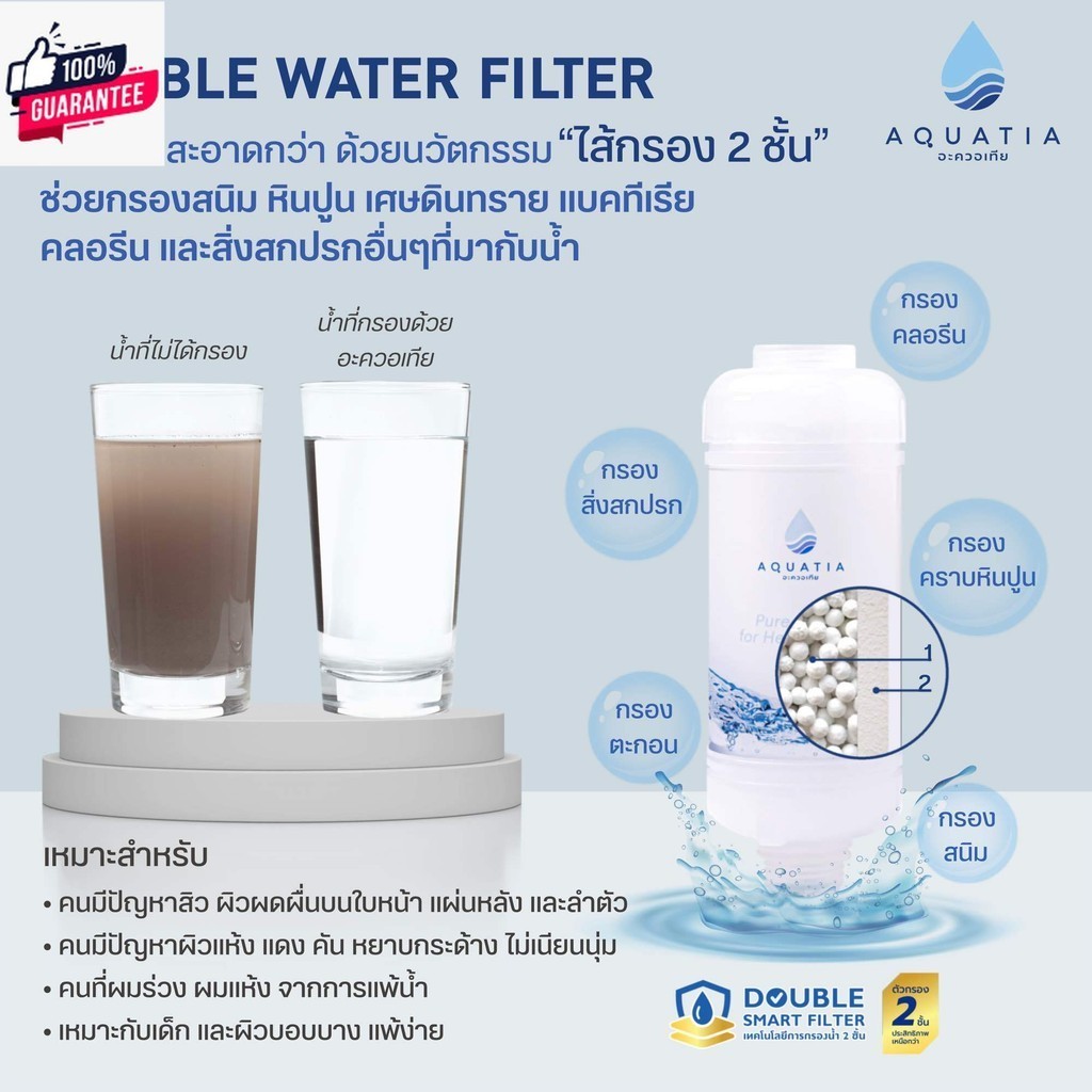 Aquatia กรองน้ำฝักัว 2 ชั้น สิว กรองสนิม กรองคลอรีน สะอาดกว่า อะควอเทีย ฟิลเตอร์กรองน้ำ ที่กรองน้ำปร