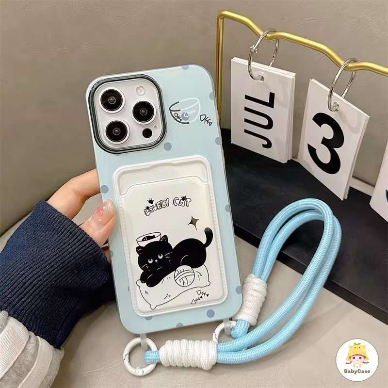 การ์ตูนแมวดำน่ารักตลกๆ ช่องใส่บัตรพร้อมสายคล้อง เคส Iphone 16 7Plus 11 13 15 12 14 Pro Max 8 15 14 Plus XS X XR Max SE