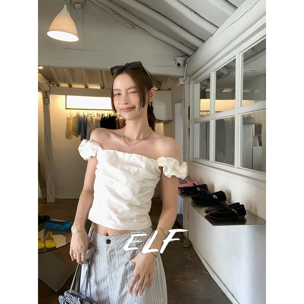 สีทึบ One Slim Fit Sleeve Cloud เสื้อลูกไม้สั้นเอวหยิกปิดไหล่ด้านบนสําหรับผู้หญิง