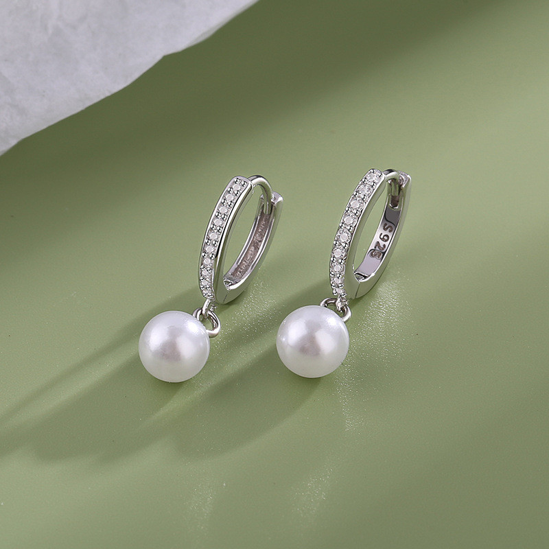 Silver Plated Pearl Crystal Hoop ต่างหูสําหรับผู้หญิง S925 งานแต่งงานเครื่องประดับของขวัญ Aretes De Mujer