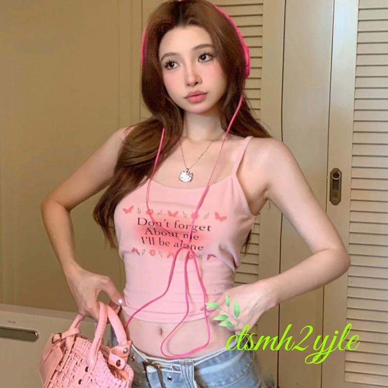 เสื้อสายเดี่ยวครอปสตรี สายเดี่ยวสปาเก็ตตี้แขนกุด พิมพ์อักษรลายดอกไม้ พร้อมบราในตัว