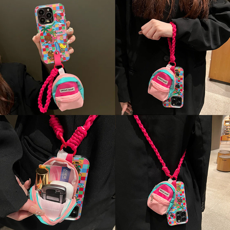 ตารางสี kt Cat Travel Miniกระเป๋านักเรียนขนาดเล็กเหมาะสําหรับApple 15Promaxเคสโทรศัพท์Apple 14 13 12 11 XSmax XR 8plus 7 น่ารักสไตล์ใหม่Cross-body Shock-Resistantซิลิโคนป้องกันกรณี